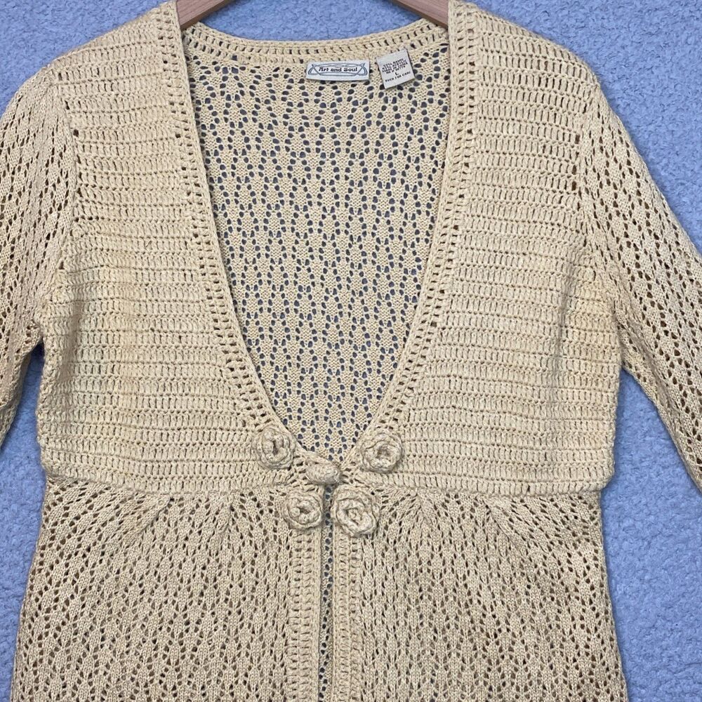Art and Soul Cottagecore Coquette Crochet Knit Cardigan Lg Beige Floral Hem Boho